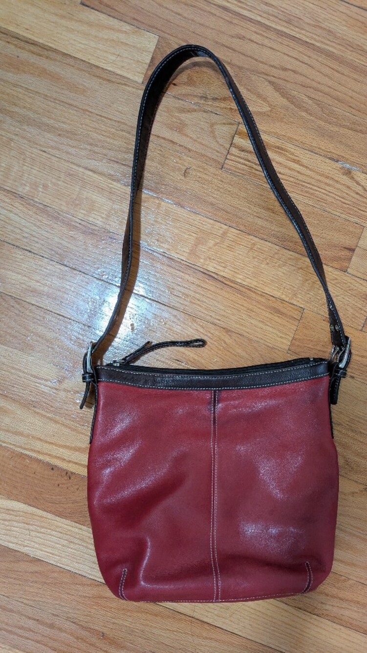 Red Leather Shoulder Bag with Dark Brown Trim